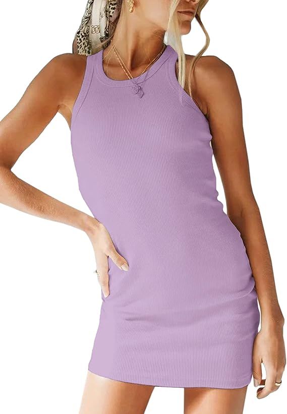 MISSACTIVER Women Solid Sleeveless Ribbed Knit Bodycon Dress Slim Racerback Tight Elastic Mini Ta... | Amazon (US)