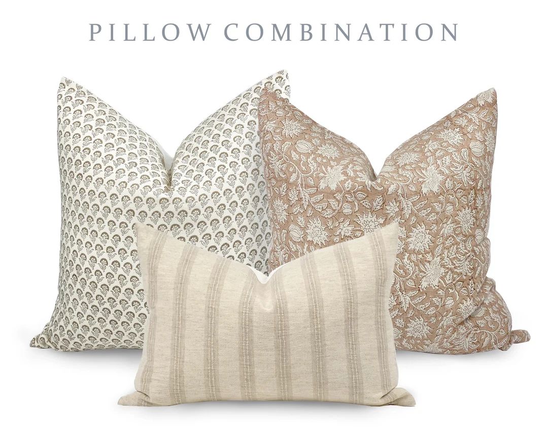PILLOW COMBO Warm Neutrals, Floral Pillow, Rust Floral Pillow, Cream Stripe Pillow, Pillow Combin... | Etsy (US)