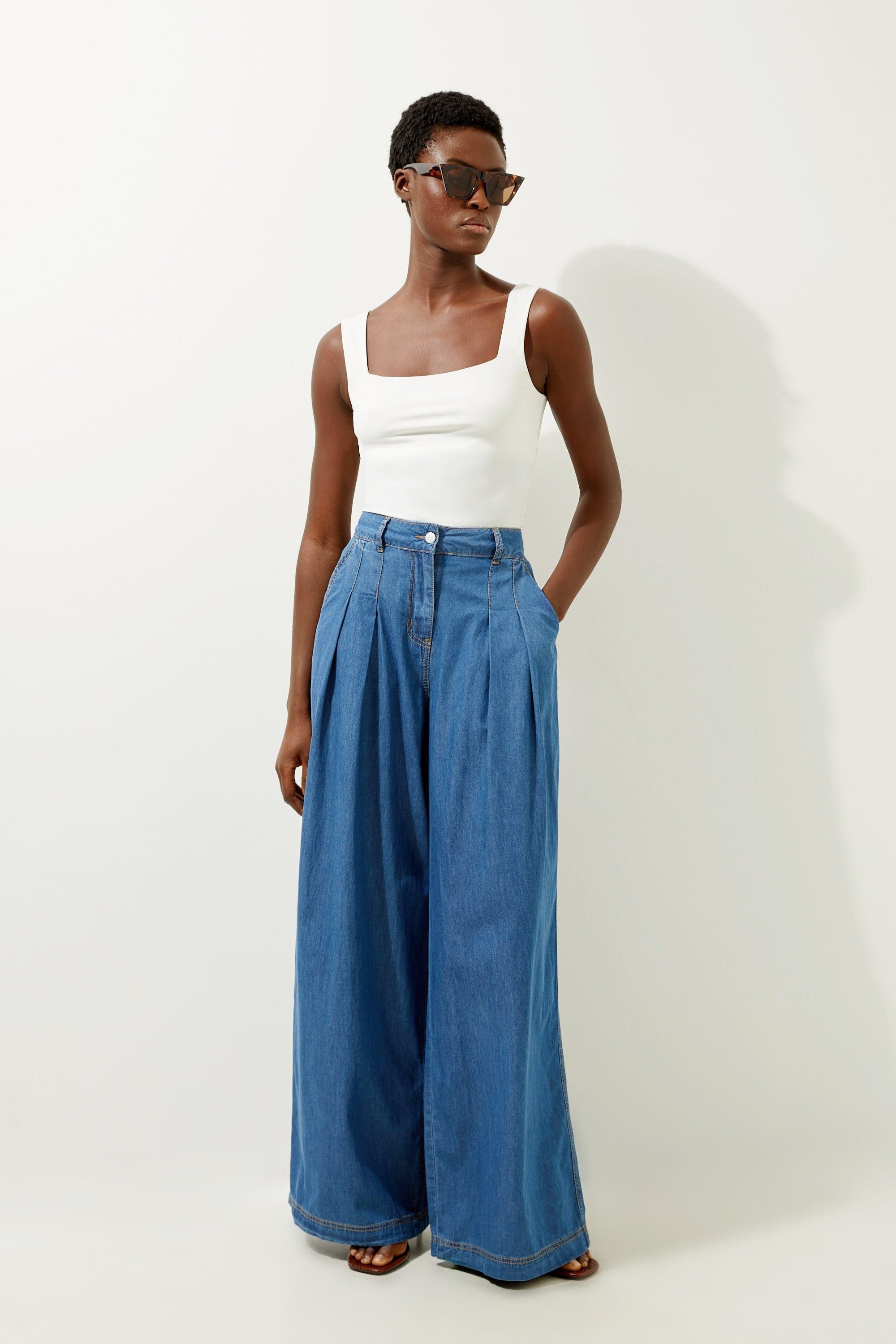 Tailored Chambray Denim Straight Leg Pleated Pants | Karen Millen US