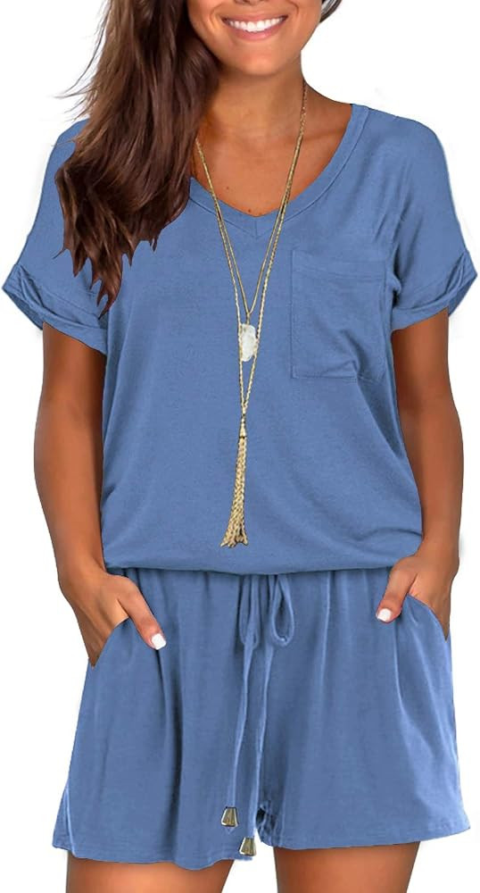 Mokayee Womens Summer Cute Front Tie Short Jumpsuits Rompers with Pockets | Amazon (US)