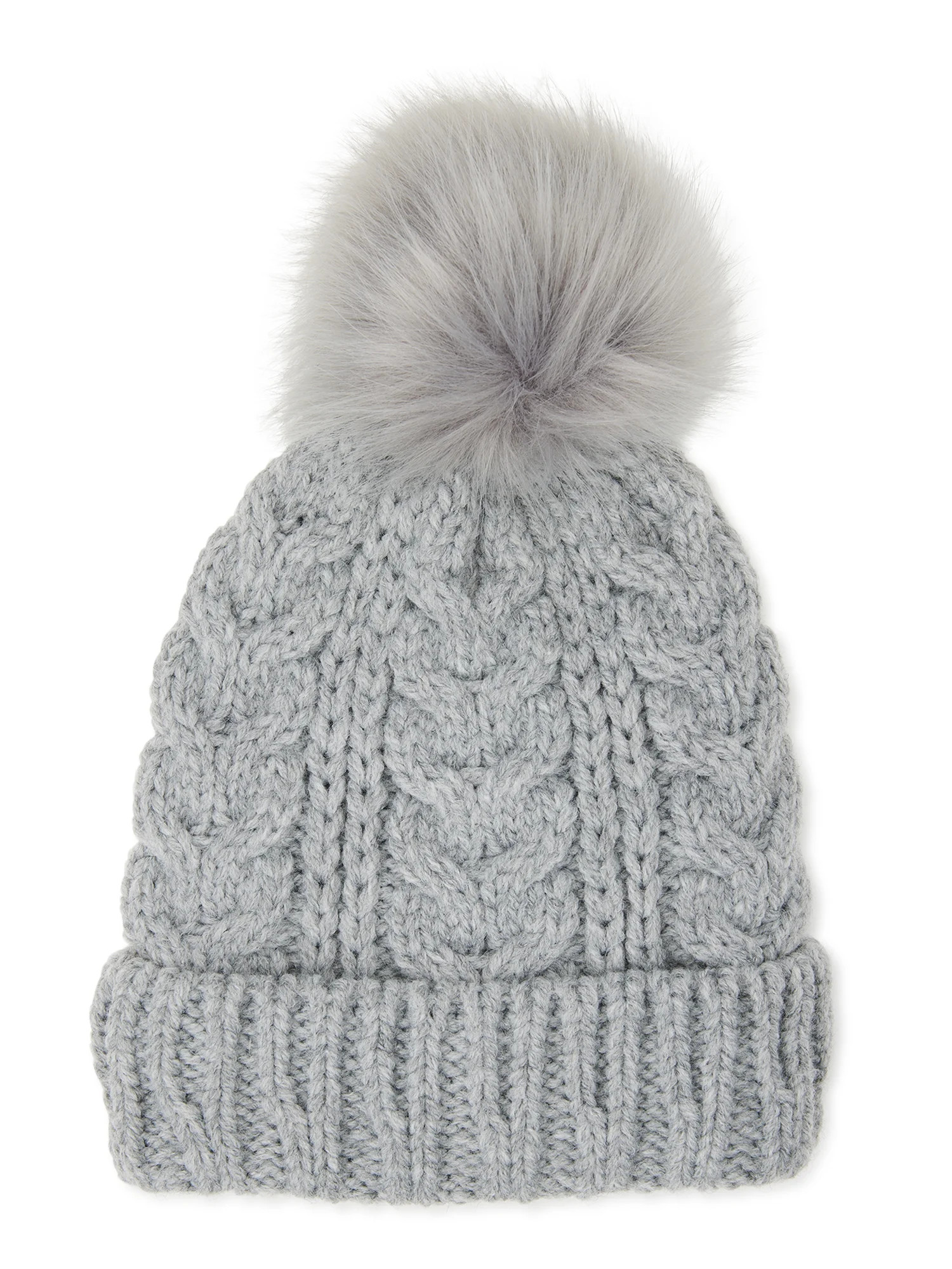 Time and Tru Women's Pom Cable Knit Winter Beanie, Medium Grey Heather | Walmart (US)