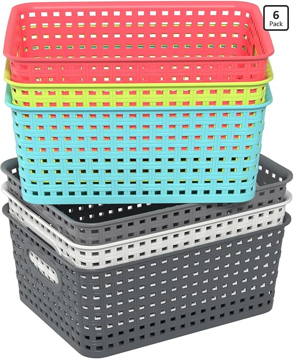 Mixed Color Rectangle Organizer Basket, Plastic Woven Storage Shelf Baskets, 6 Packs | Amazon (US)