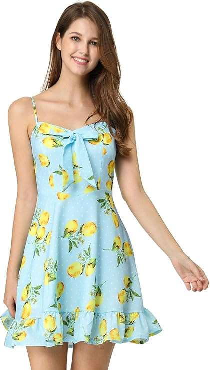 Allegra K Women's Ruffle Bow Knot Mini Sundress Lemon Spaghetti Strap Dress | Amazon (US)