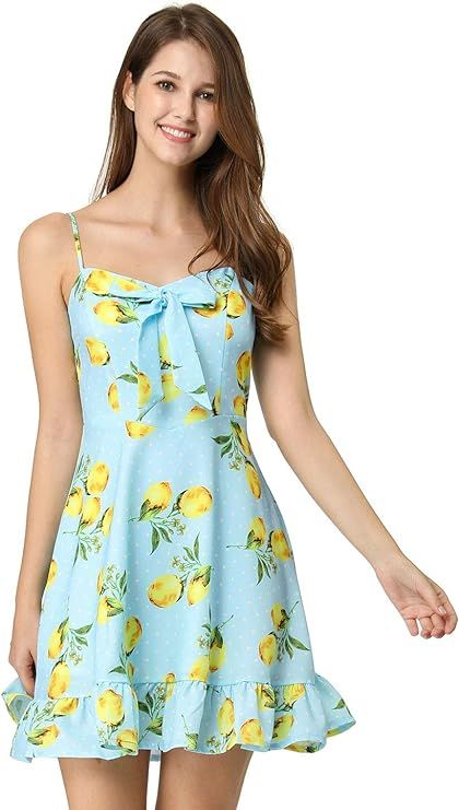 Allegra K Women's Ruffle Bow Knot Mini Sundress Lemon Spaghetti Strap Dress | Amazon (US)