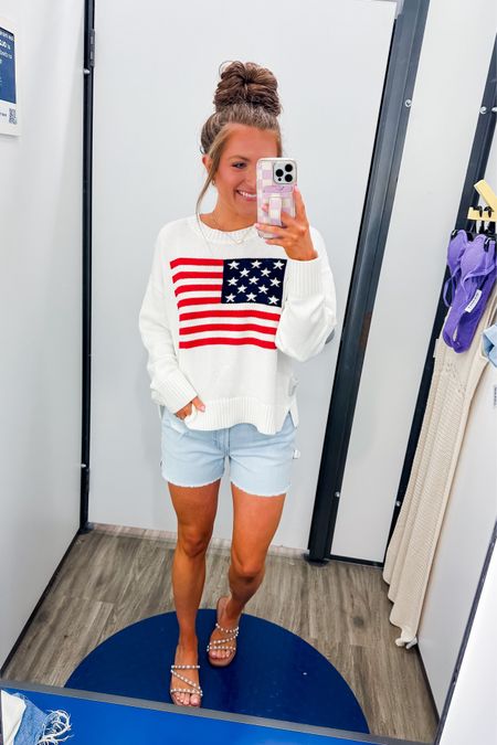 Wearing a medium in the sweater/ 4 in the shorts  

White flag sweater, USA sweater, 4th of July outfit, 3in denim shorts, affordable denim shorts, light wash denim shorts, affordable summer style, old navy style

#LTKSaleAlert #LTKStyleTip #LTKSeasonal