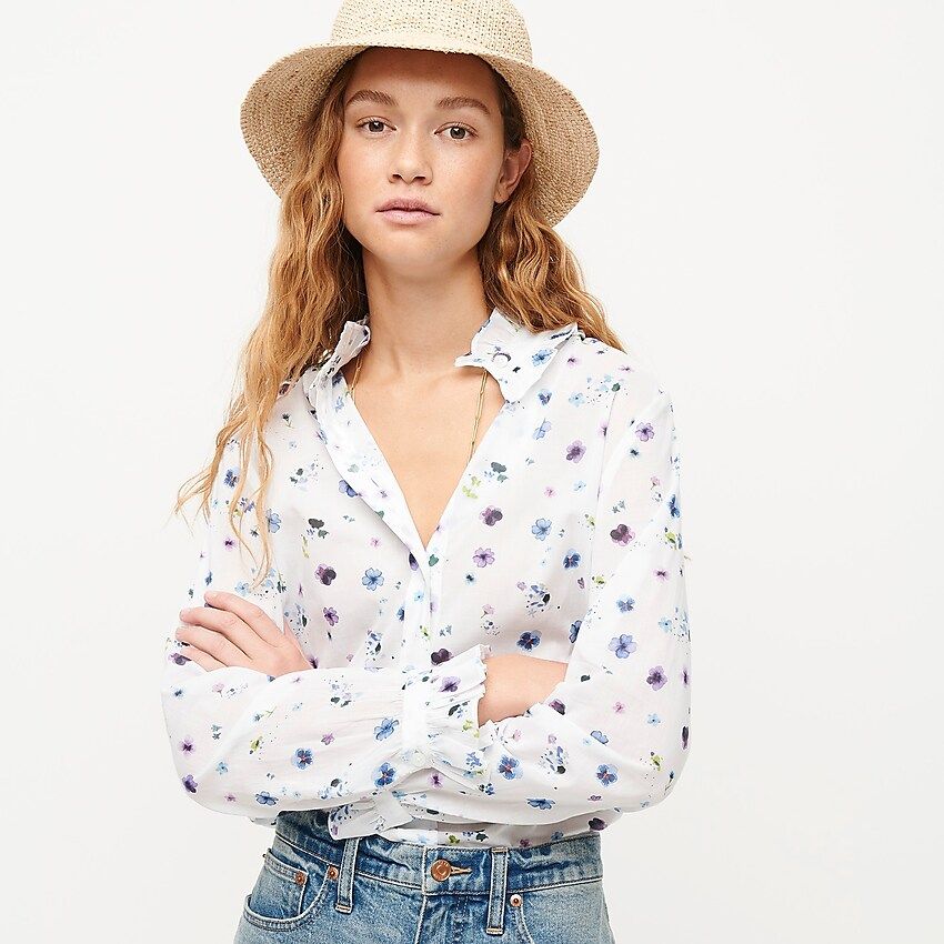 Classic-fit ruffleneck shirt in airy floral | J.Crew US