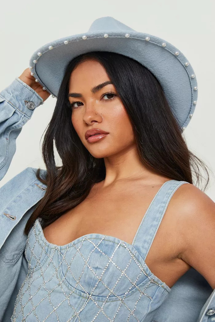 Denim Cowboy Hat With Pearl Detail Brim | Boohoo.com (US & CA)