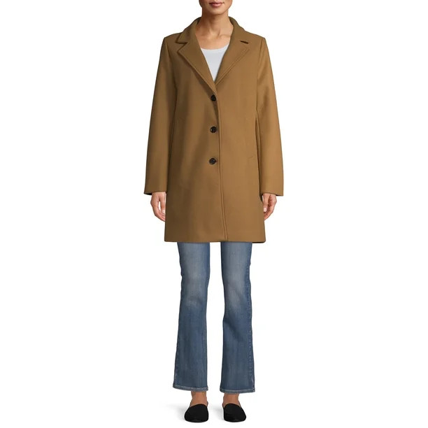 Time and Tru Women's Faux Wool Button Front Dad Coat | Walmart (US)