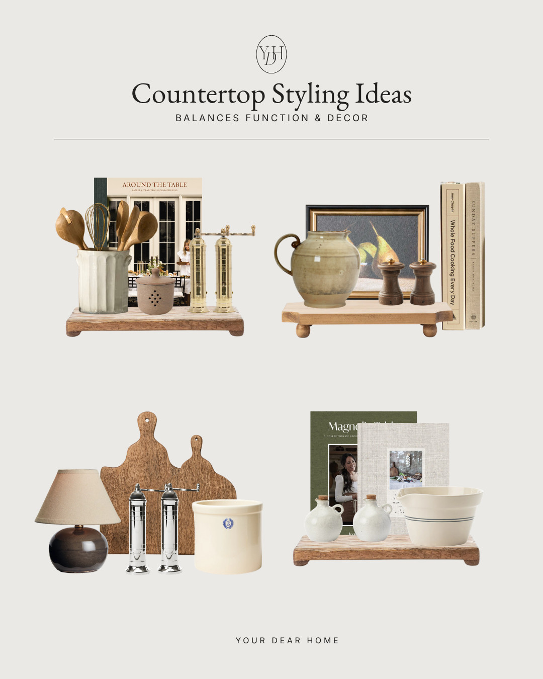 These countertop styling pieces are what make kitchens feel warm, layered and thoughtfully decorated instead of overly functional. From oversized cutting boards to pretty ceramics and cookbooks, these are the little details that make a kitchen feel designer styled. 

 #LTKHome