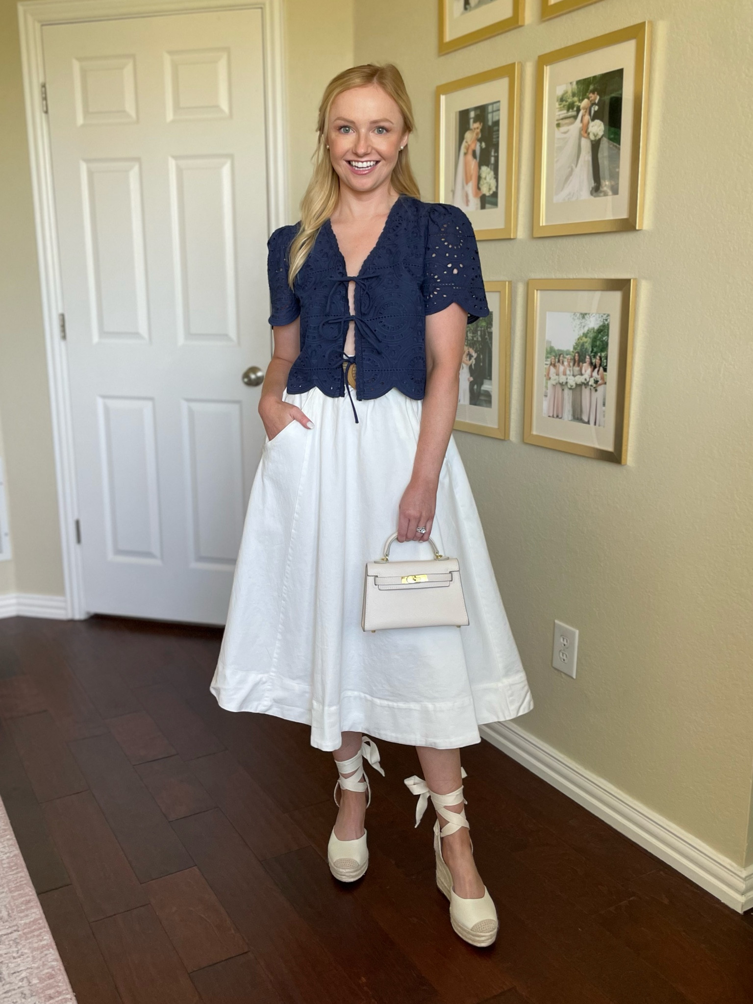 Wearing an XS in both skirt and top | denim skirt, midi skirt, bow top, eyelet top, navy top, spring outfit, summer outfit 

#LTKSeasonal #LTKstyletip