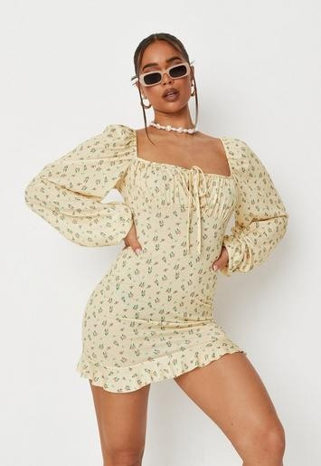 Tall Yellow Floral Print Balloon Sleeve Keyhole Mini Dress | Missguided (US & CA)