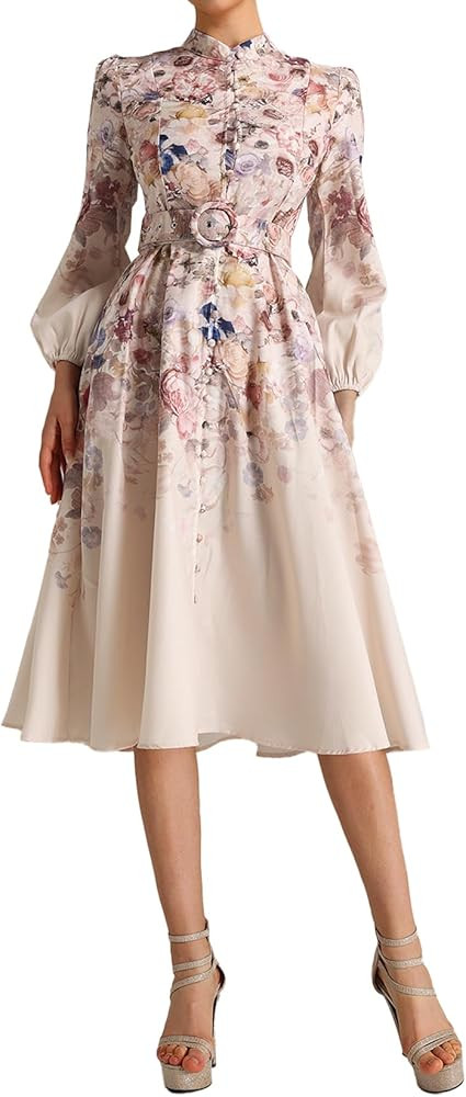 BELLA BARNETT Floral Dress for Women Midi Birthday Dress Mock Neck Lantern Sleeve Dress Printed D... | Amazon (US)