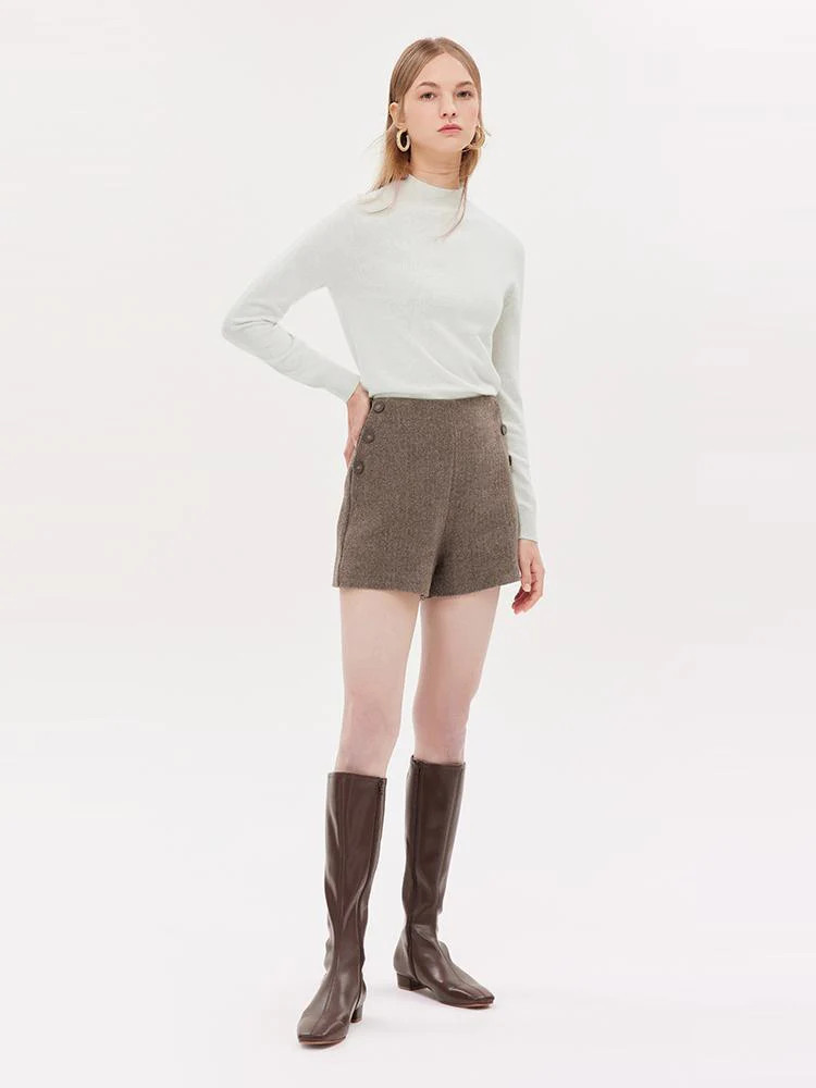 Brown Washable Wool Women Shorts | GOELIA