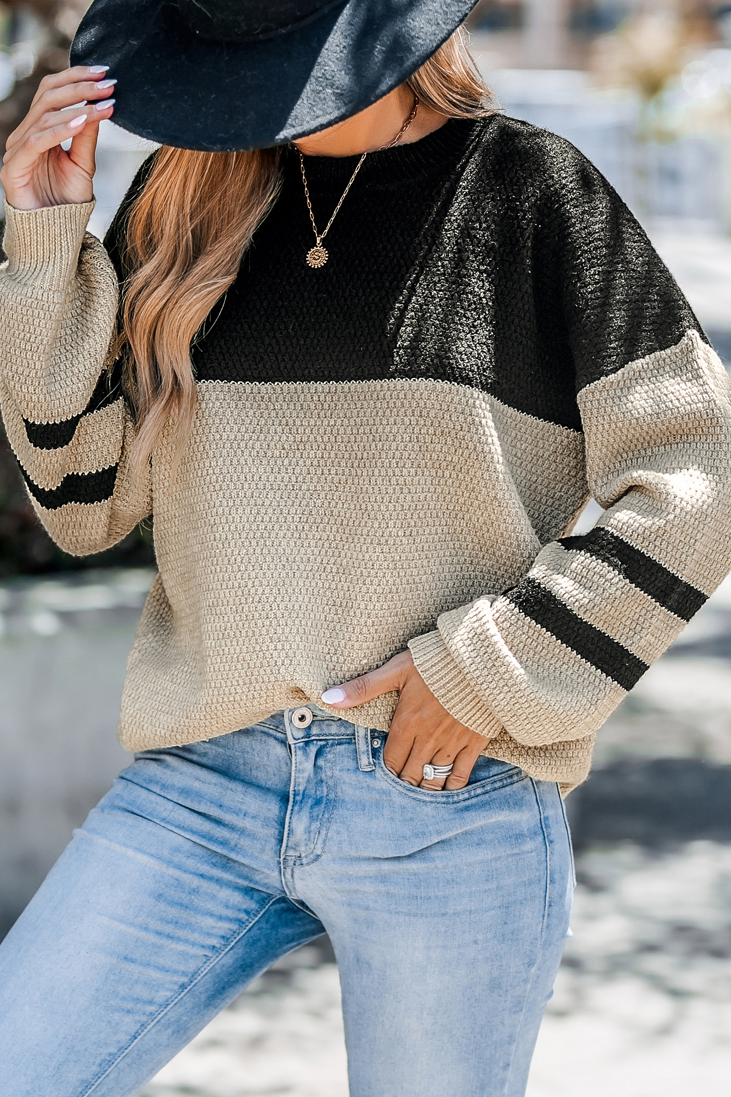 Brown & Black Colorblock Long Puff Sleeve Sweater | Cupshe US