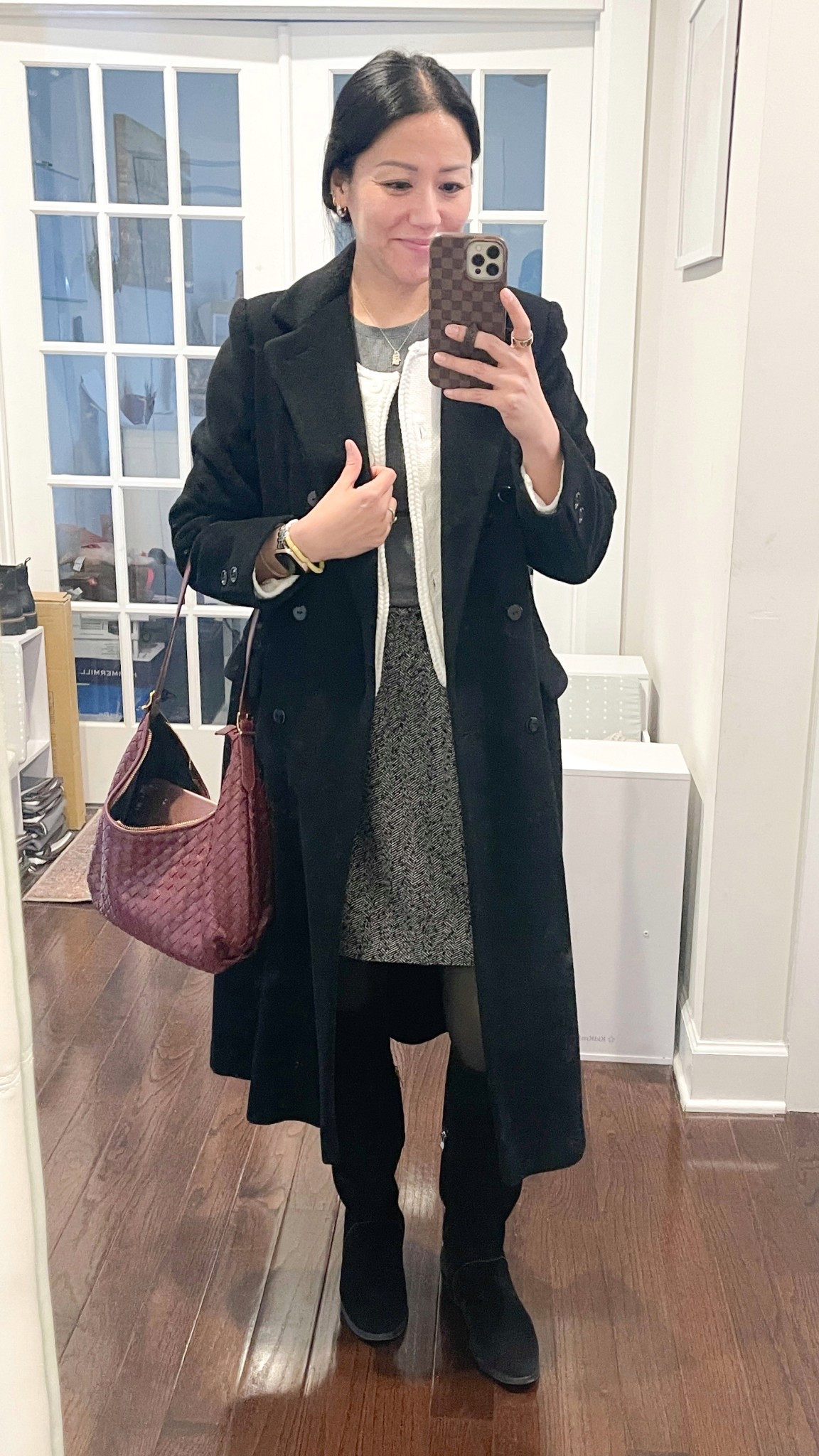 Size small cardigan and tee
Size 2 skirt 
Size XS/Small fleece lined tights
Boots are true to size 

#LTKgrwm #LTKootd #LTKOver40