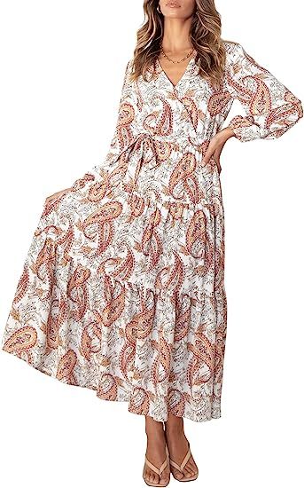MITILLY Women's Boho Leopard Print Ruffle Long Sleeve V Neck Casual Flowy Party Maxi Dress | Amazon (US)