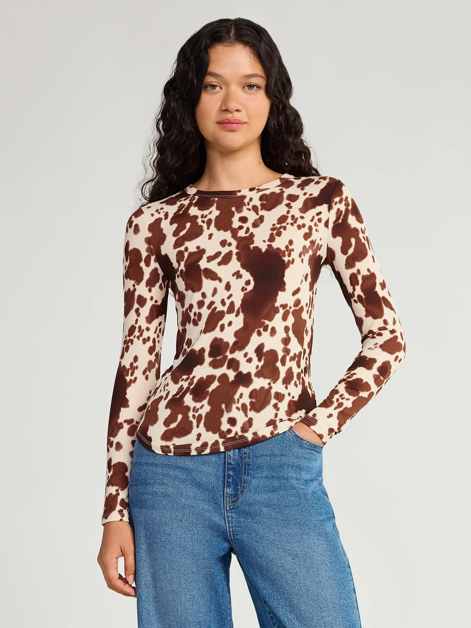 No Boundaries Ribbed Crewneck Tee with Long Sleeves, 1 or 2-Pack, Women's & Women's Plus | Walmart (US)