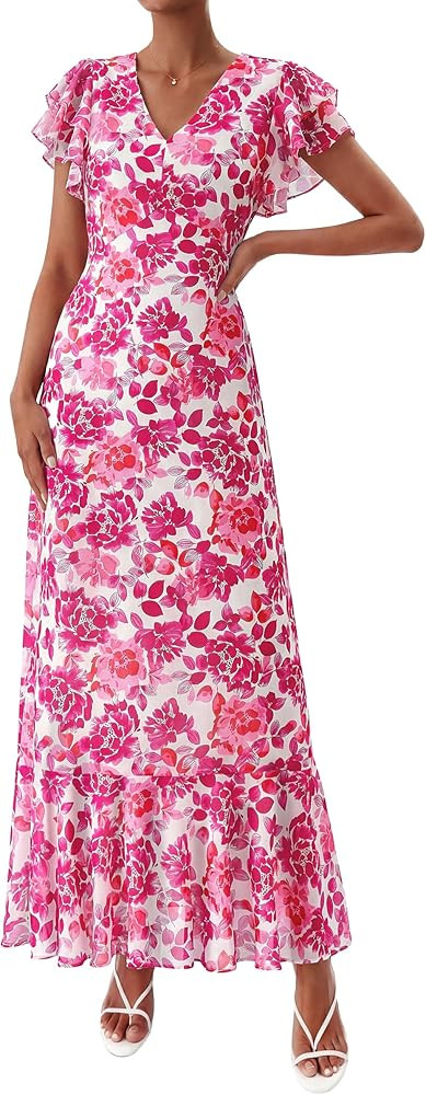 PRETTYGARDEN Wedding Guest Dresses for Women 2026 Spring Summer Short Sleeve Ruffle V Neck Floral... | Amazon (US)