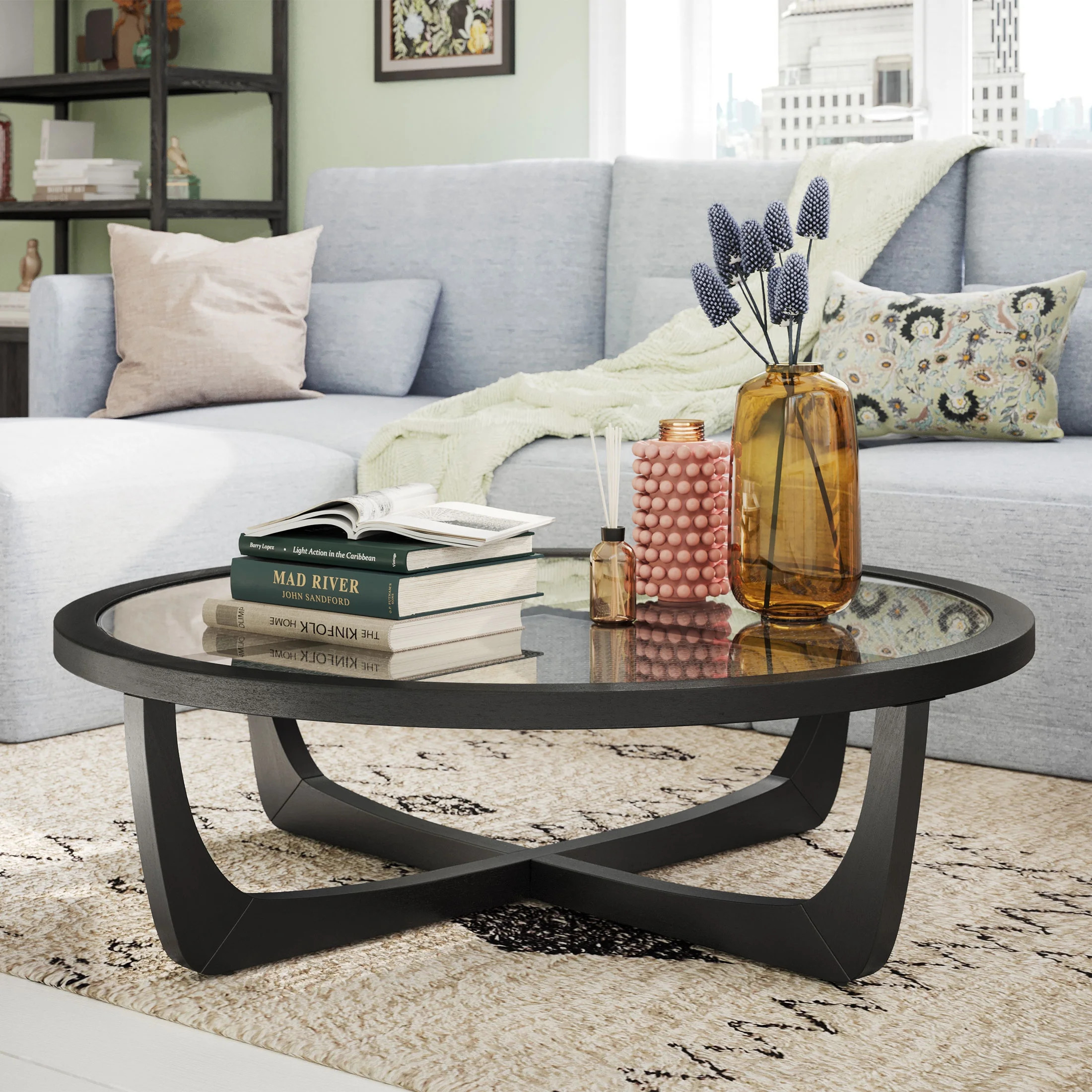 Beautiful by Drew Barrymore Round Rattan and Glass Top Coffee Table, Black | Walmart (US)