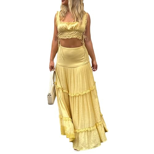 Yuemengxuan Women Y2k Ruffle Maxi Skirts Sets 2 Pieces Going Out Set Sleeveless Lace Trim Cami Top Flowy Ruffle Long Skirts (Yellow #VJEY2, L) | Amazon (US)