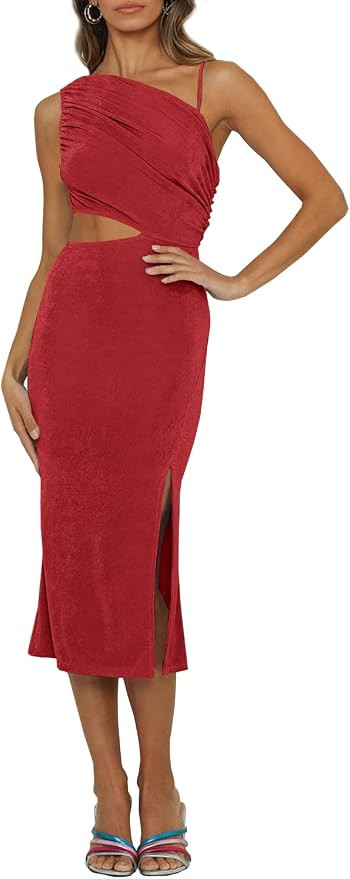 HOSIKA Women's Sexy One Shoulder Sleeveless Cut Out Split Solid Color Bodycon Party Cocktail Midi... | Amazon (US)