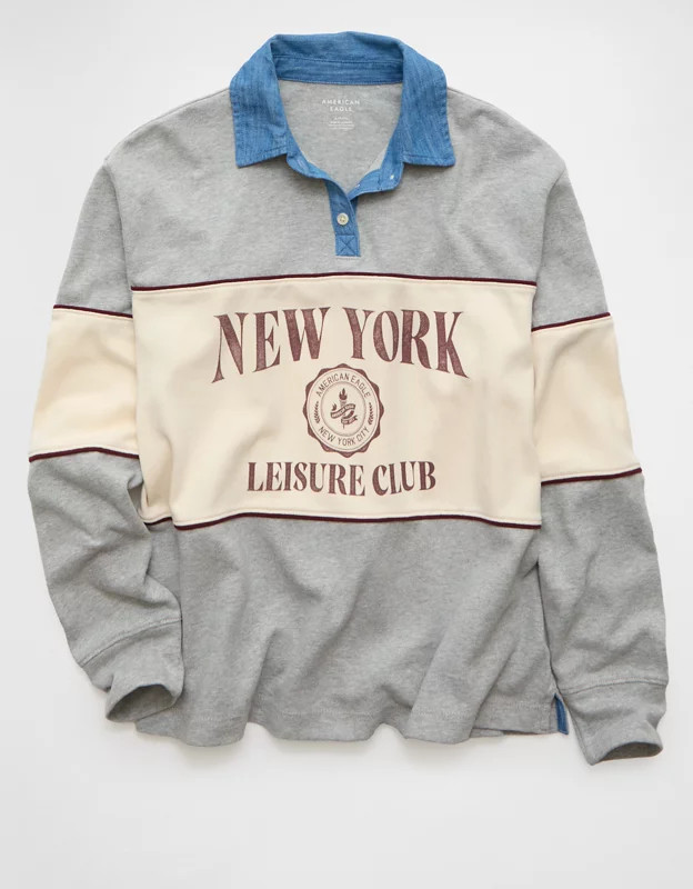 AE Long-Sleeve Oversized Destination Graphic Polo Shirt | American Eagle Outfitters (US & CA)