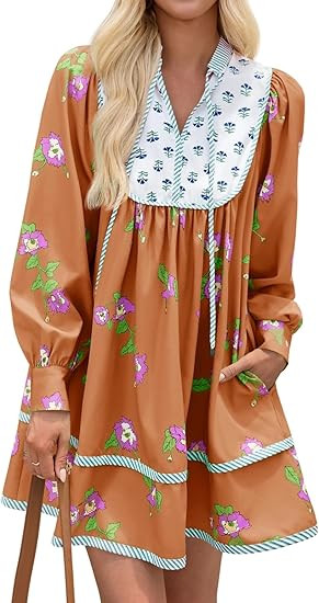 Wenrine Womens Casual Floral Mini Dress 2025 Fall Long Sleeve V Neck Patchwork Loose Boho Shirt D... | Amazon (US)