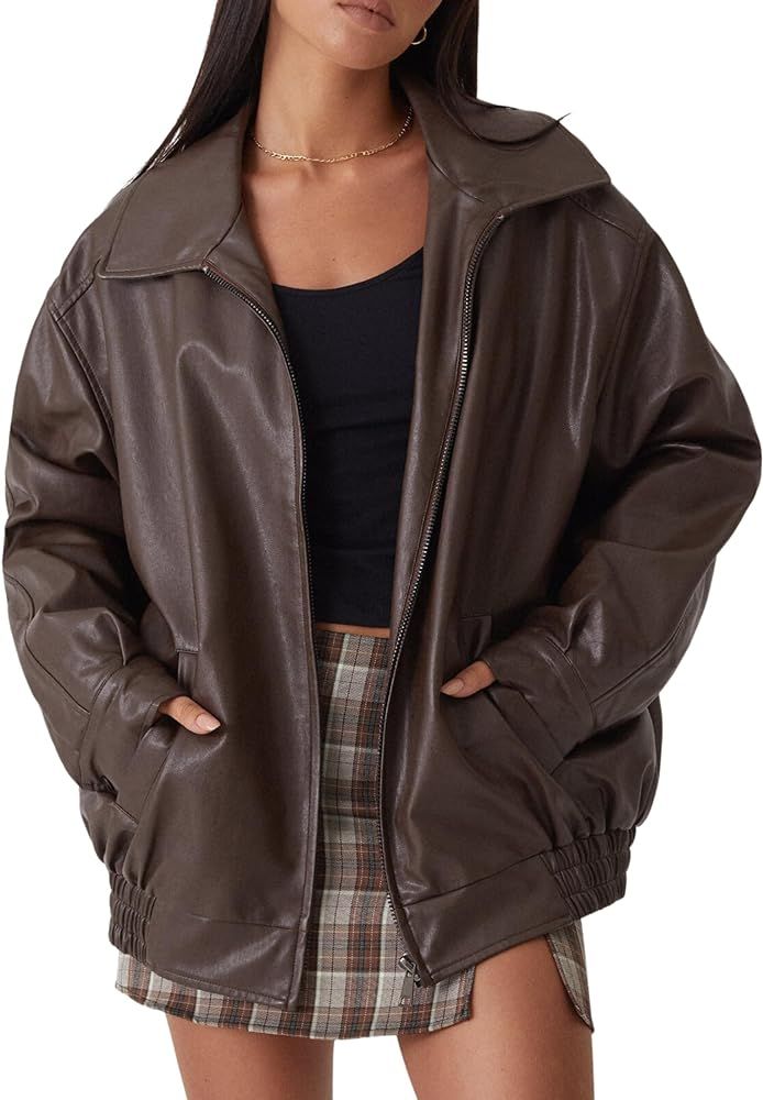 CONCINEROS Women's Faux Leather Jacket Zip Up Short Fitted Slim Coat Bomber Jacket Women | Amazon (US)