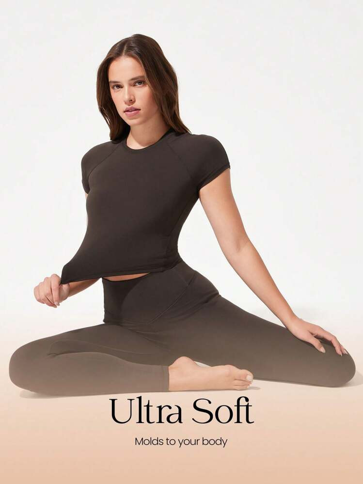 GLOWMODE Glow Era Soft Stretchy Round Neck Slim Fit Cropped Short Sleeve Active Crewneck Tee Low-Impact Yoga Pilates Gym Studio Daily Casual Wear | SHEIN