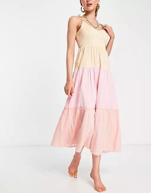 River Island shirred contrast tiered midi beach dress in pink | ASOS (Global)