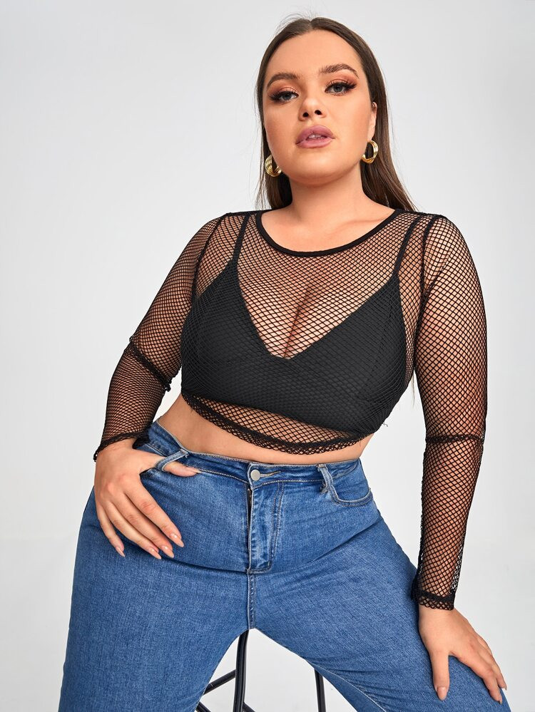 SHEIN Plus See Through Mesh Crop Top Without Bra | SHEIN