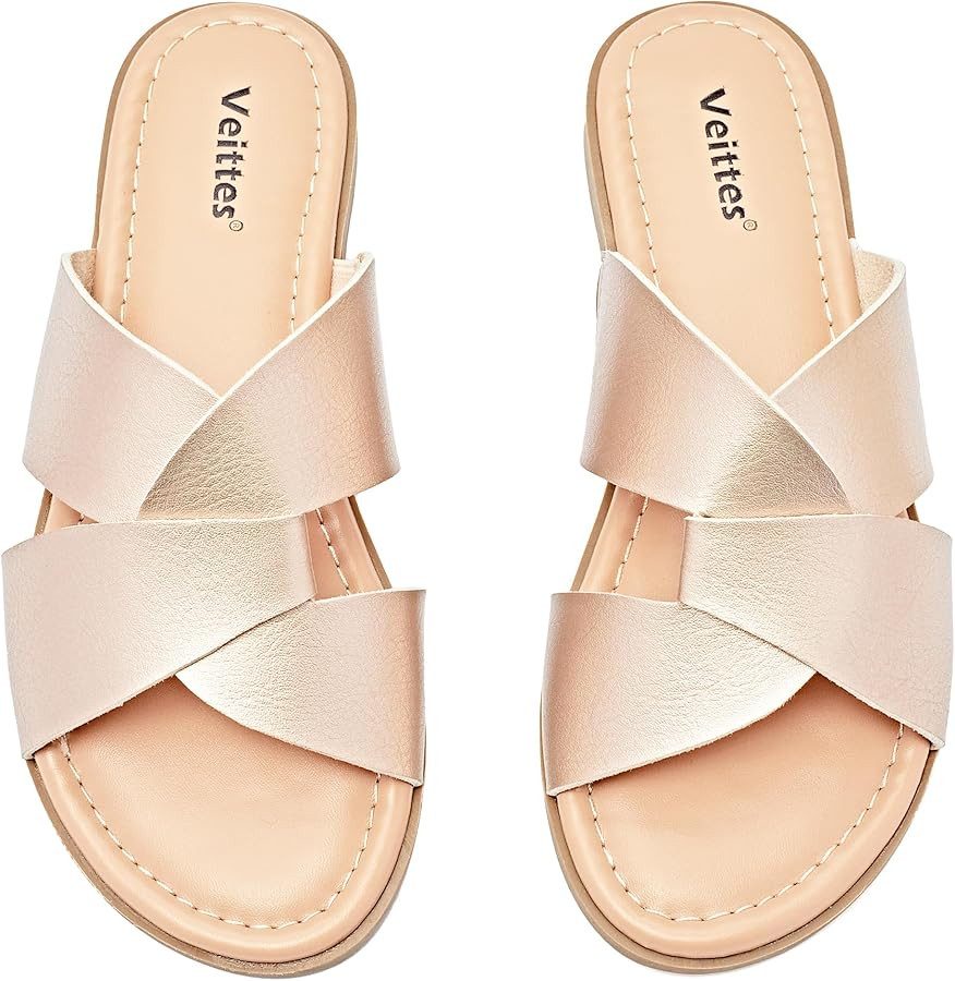 Veittes Women's Flat Slide Sandals - Comfort Casual Criss Cross Flat Summer Shoes. | Amazon (US)