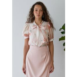 Watercolor Floral Bowknot Sheer Shirt in Coral | Chicwish