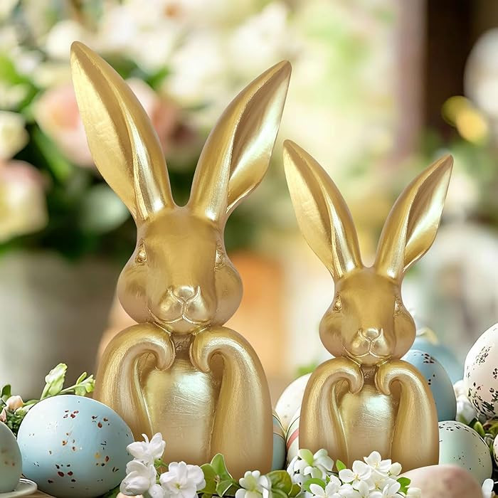 Easter Decorations for Home,Mini Resin Golden Bunnies Spring Sculpture Tabletop Ornament,Brass Ra... | Amazon (US)