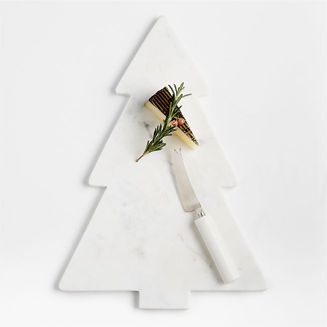 White Marble Holiday Tree Cheese Board with Knife | Crate & Barrel | Crate & Barrel