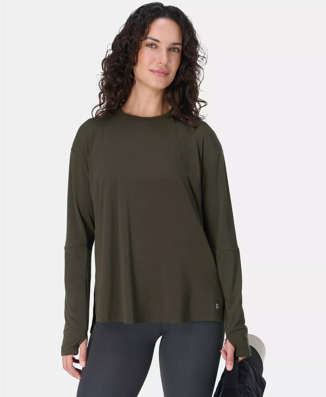 Soft Flow Studio Longline Long Sleeve Top - Nori Green | Women's Base Layers & Long Sleeve Tops |... | Sweaty Betty UK