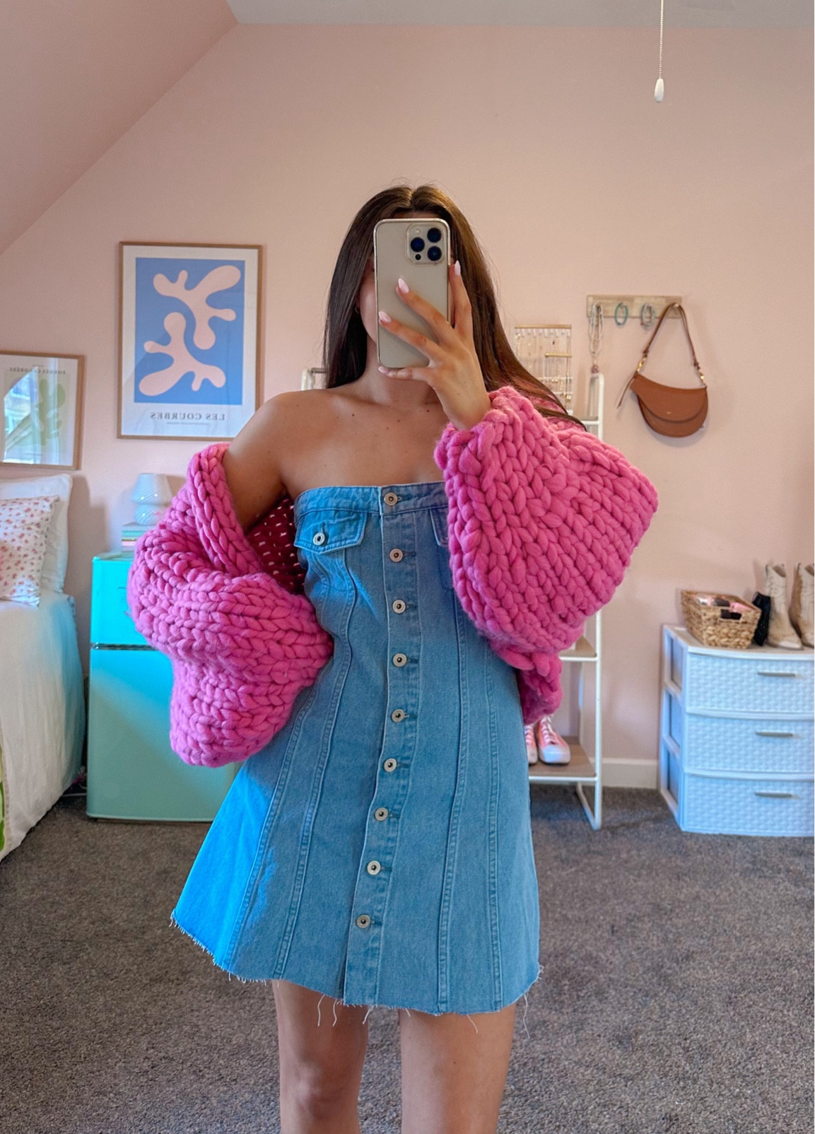 Chunky knit cardigan and denim dress 🌸💕
