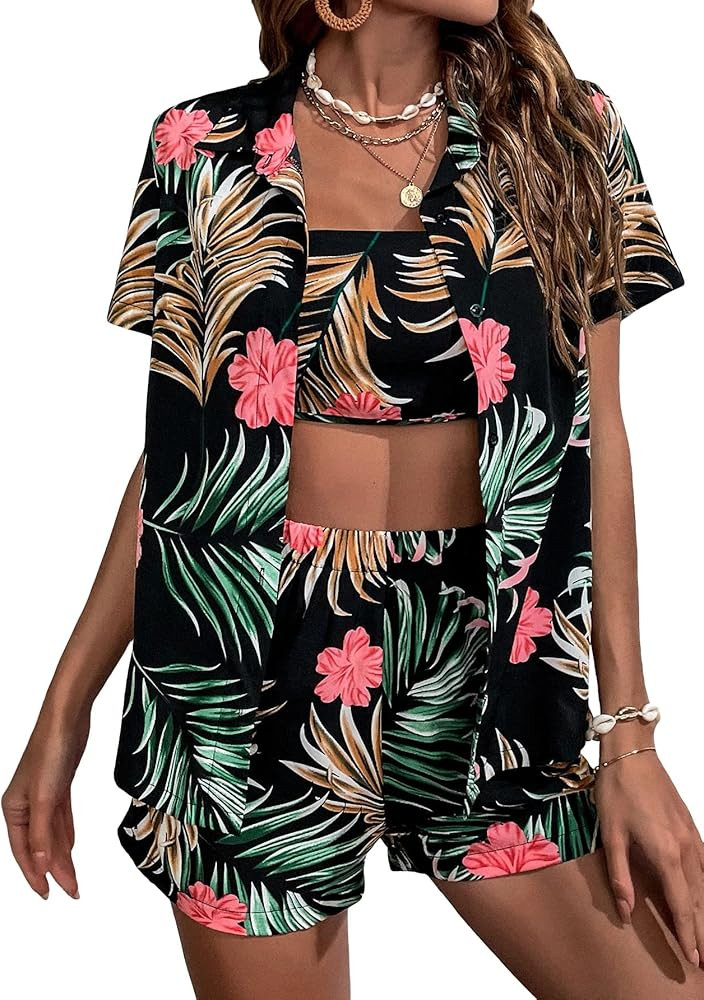 Floerns Women's 3 Piece Tropical Print Blouse and Shorts with Tube Top | Amazon (US)