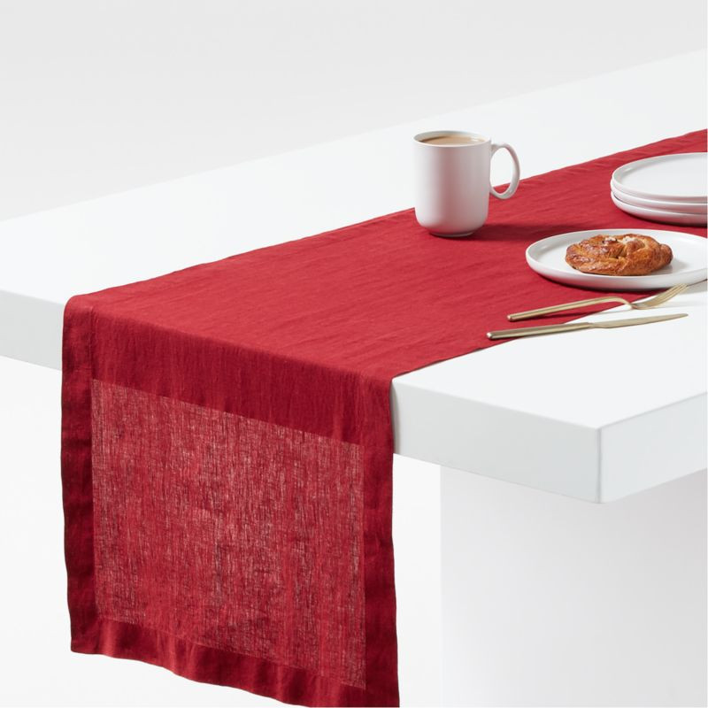 Marin 120" Luminous Red EUROPEAN FLAX -Certified Linenn Table Runner + Reviews | Crate & Barrel | Crate & Barrel
