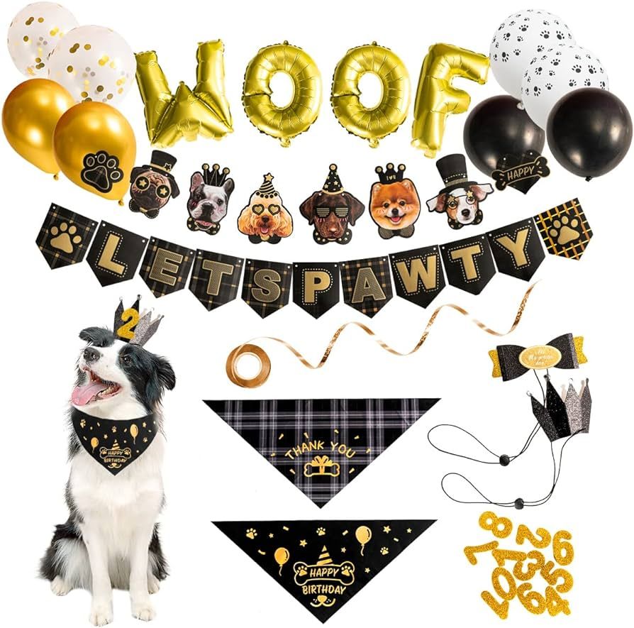 Dog Birthday Party Decorations, Dog Birthday Hat/Bandana/Bowtie/Balloon/Flag/Banner for Small Med... | Amazon (US)