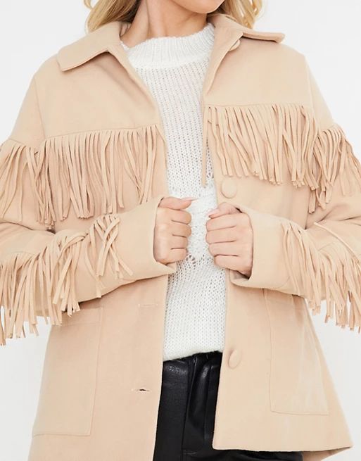 In The Style Plus x Megan McKenna fringed jacket in camel | ASOS (Global)