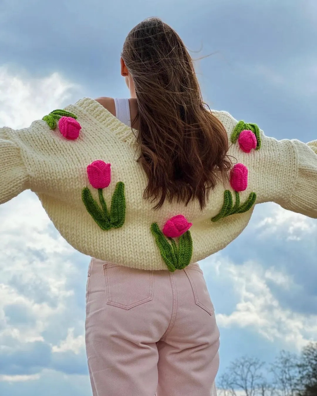 Pink tulip Retro Cardigan,Chunky Cropped Cardigan For Woman, pink tulip Sweater With Red ,Mother... | Etsy (US)