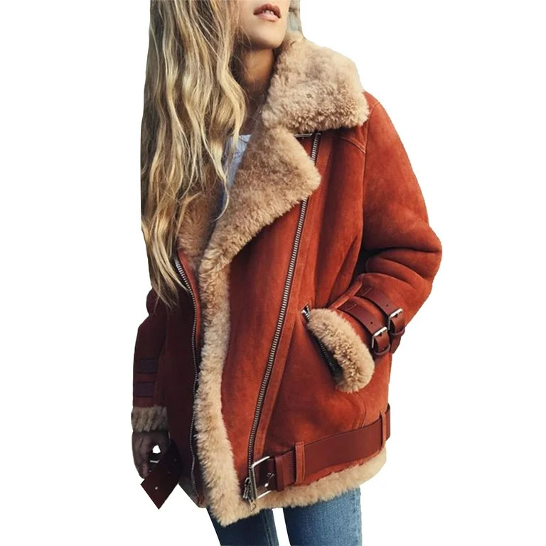 Women Lapel Suede Leather Jacket Cashmere Shearling Coat Warm Moto Biker Jacket Outwear with Pock... | Walmart (US)