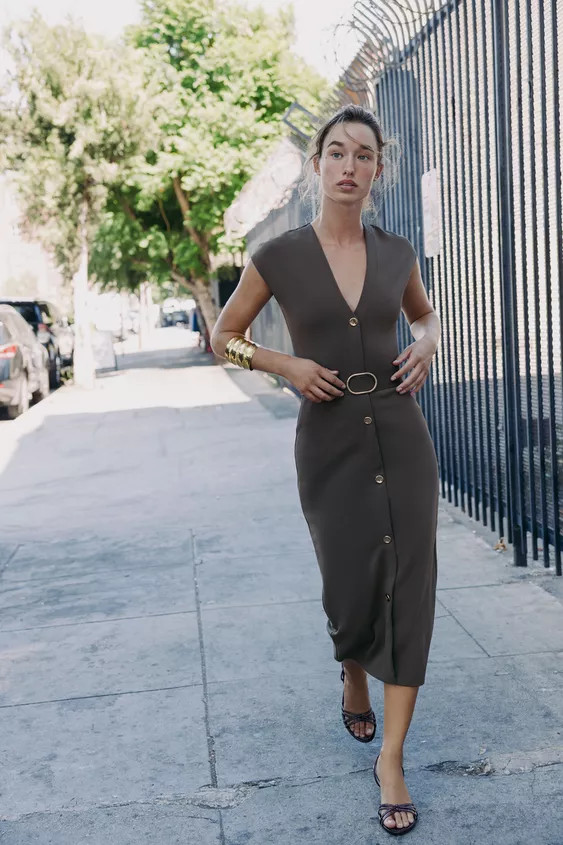 V-neck midi dress with short cap sleeves. Matching adjustable fabric belt with metal buckle. Stra... | Zara US