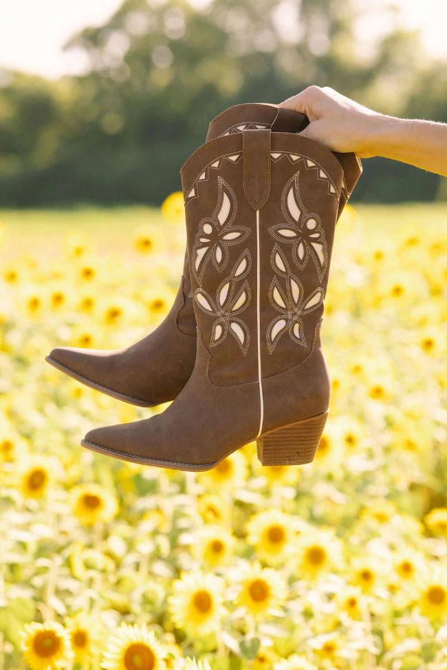 Zinnia Brown Cutout Cowboy Boots | Pink Lily