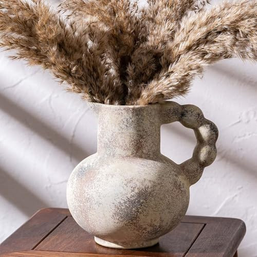 Antique Flower Ceramic Vase with Handle, Vintage Pitcher Terracotta Vase, Boho Decor Farmhouse Stone Pottery Vase, Rustic Decorative Vase for Home Decor, Table, Living Room, Mantel, Wedding, 6.9 Inch | Amazon (US)