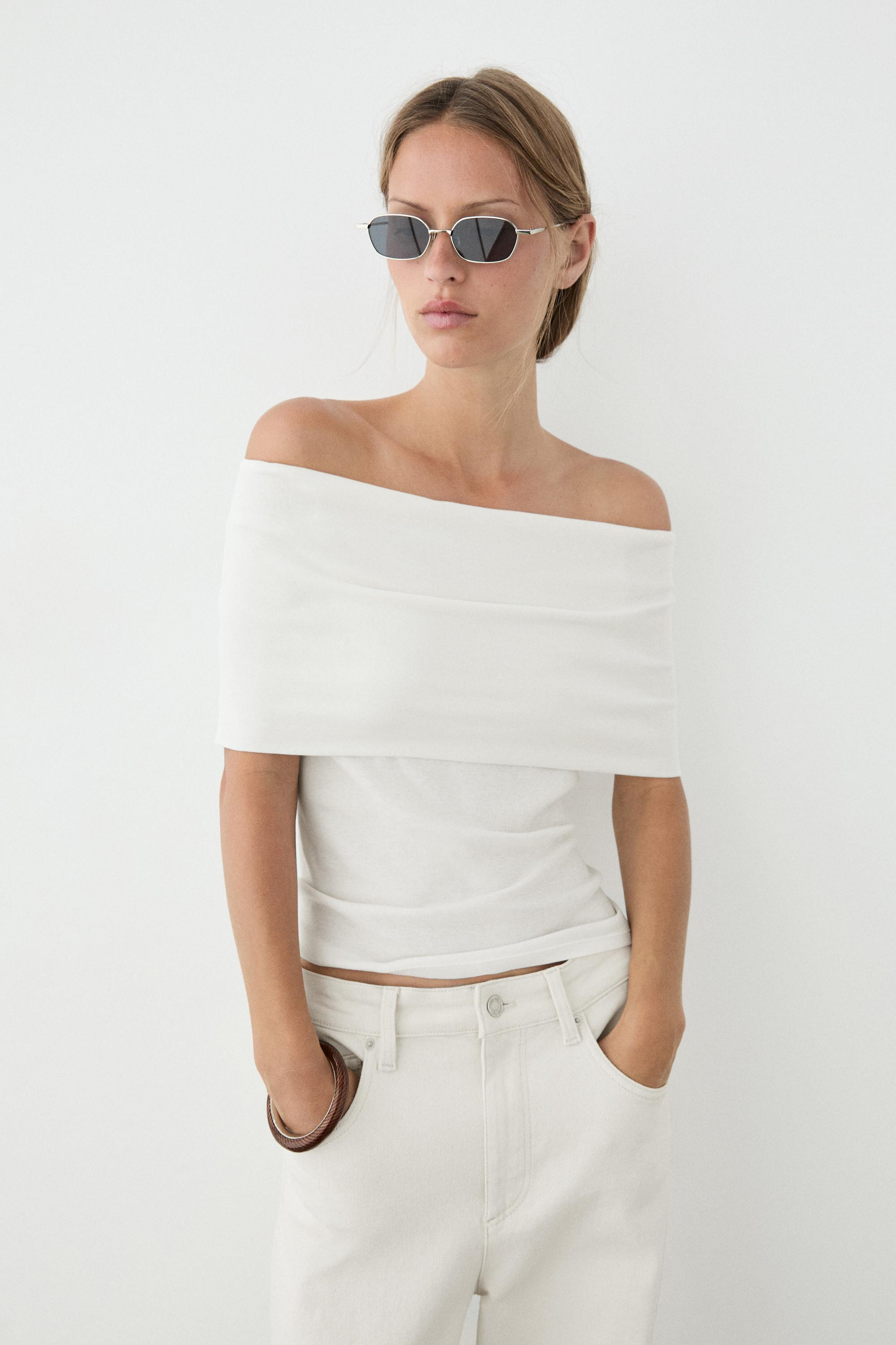 Katoenen top met blote schouders | Massimo Dutti NL