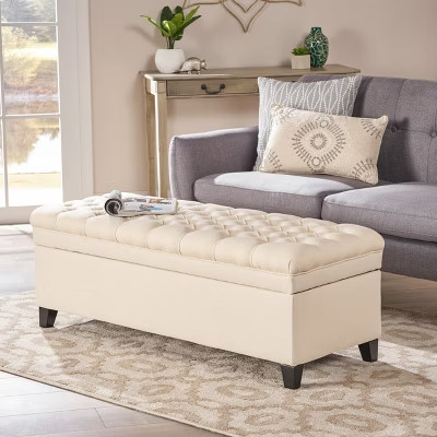 Okak Luxury ButtonTufted Storage Ottoman Bench Ottoman Foot Rest with Hidden Storage and Birch Wood Legs Bed Bench for Bedroom,Entryway, Beige | Target