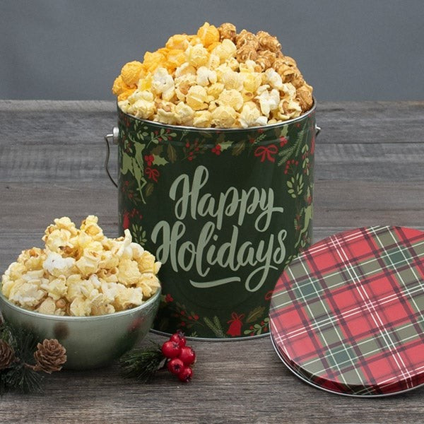 Happy Holiday Reindeer Popcorn Tin | GourmetGiftBaskets.com