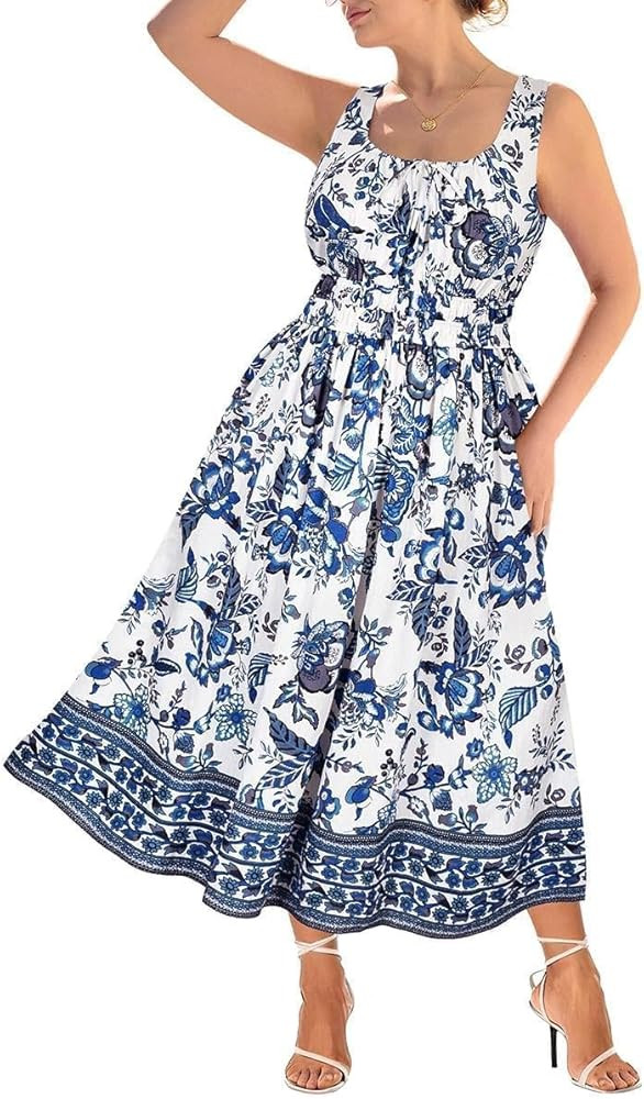 RITERA Women's Spaghetti Strap Dress Plus Size Boho Square Neck Maxi Dresses Beach Sundress Flora... | Amazon (US)